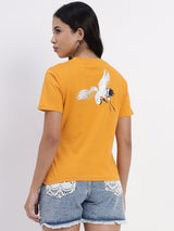 Gold T-Shirt featuring Vibrant Flamingo Print - 2861