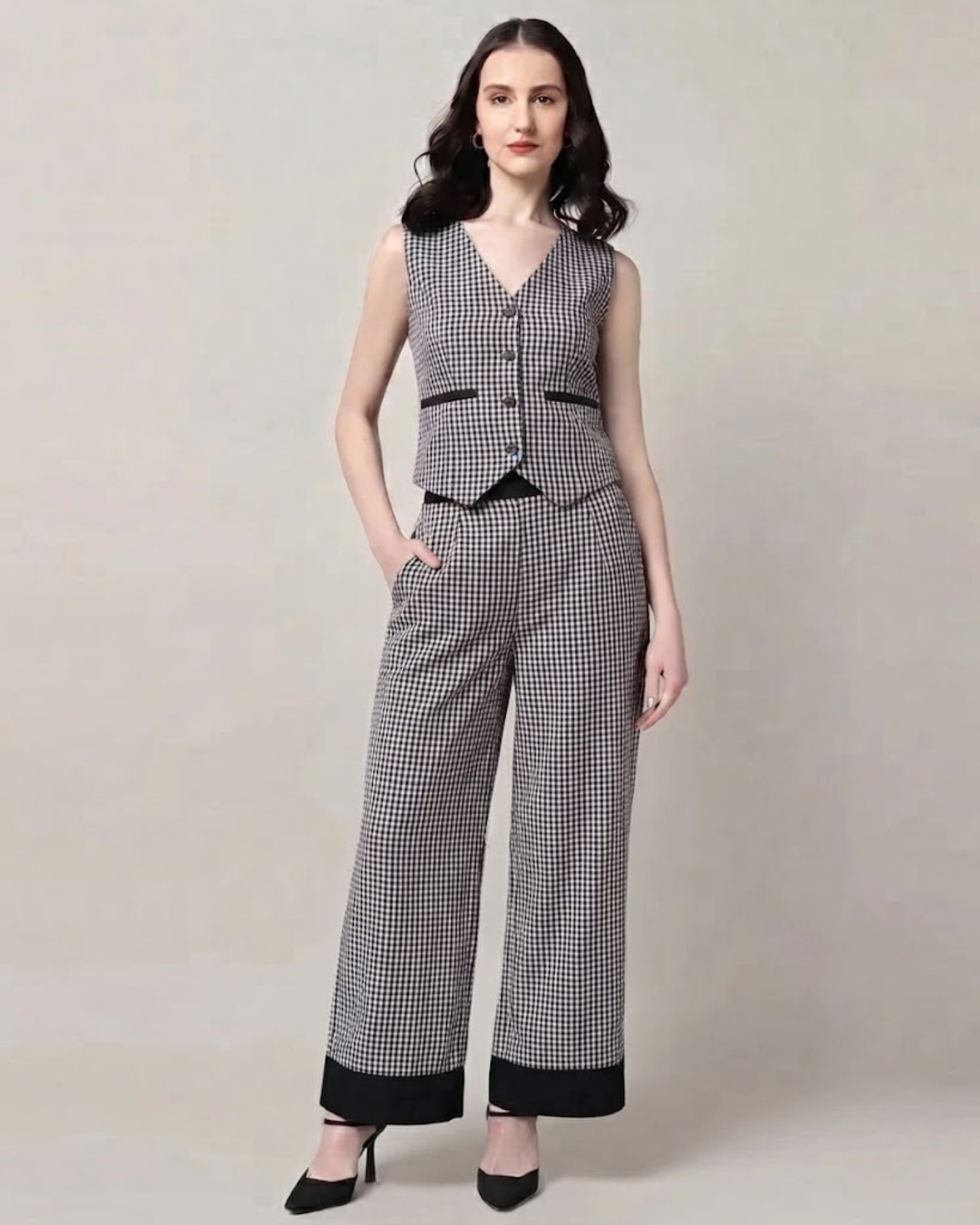 Sands of India Women’s Black Gingham Wide-Leg Trousers with Pockets – Casual Pants - 3126