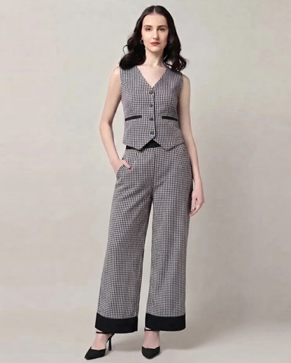 Sands of India Women’s Black Gingham Wide-Leg Trousers with Pockets – Casual Pants - 3126