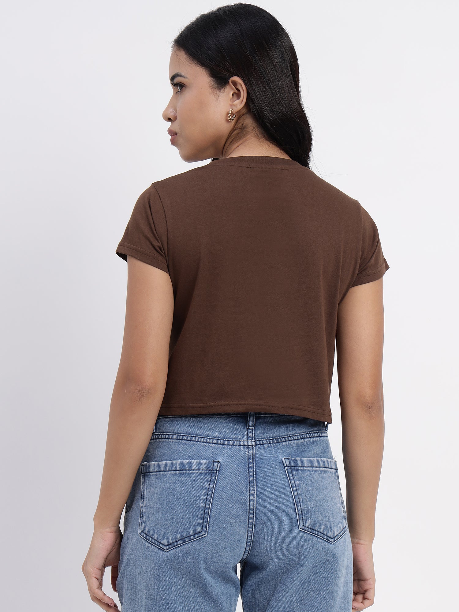 Brown crop top featuring intricate and delicate embroidery accents -2840