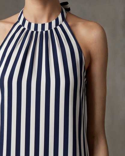 Women’s Blue &amp; Off-White Striped Halter Neck Flounce Hem Dress - 3127