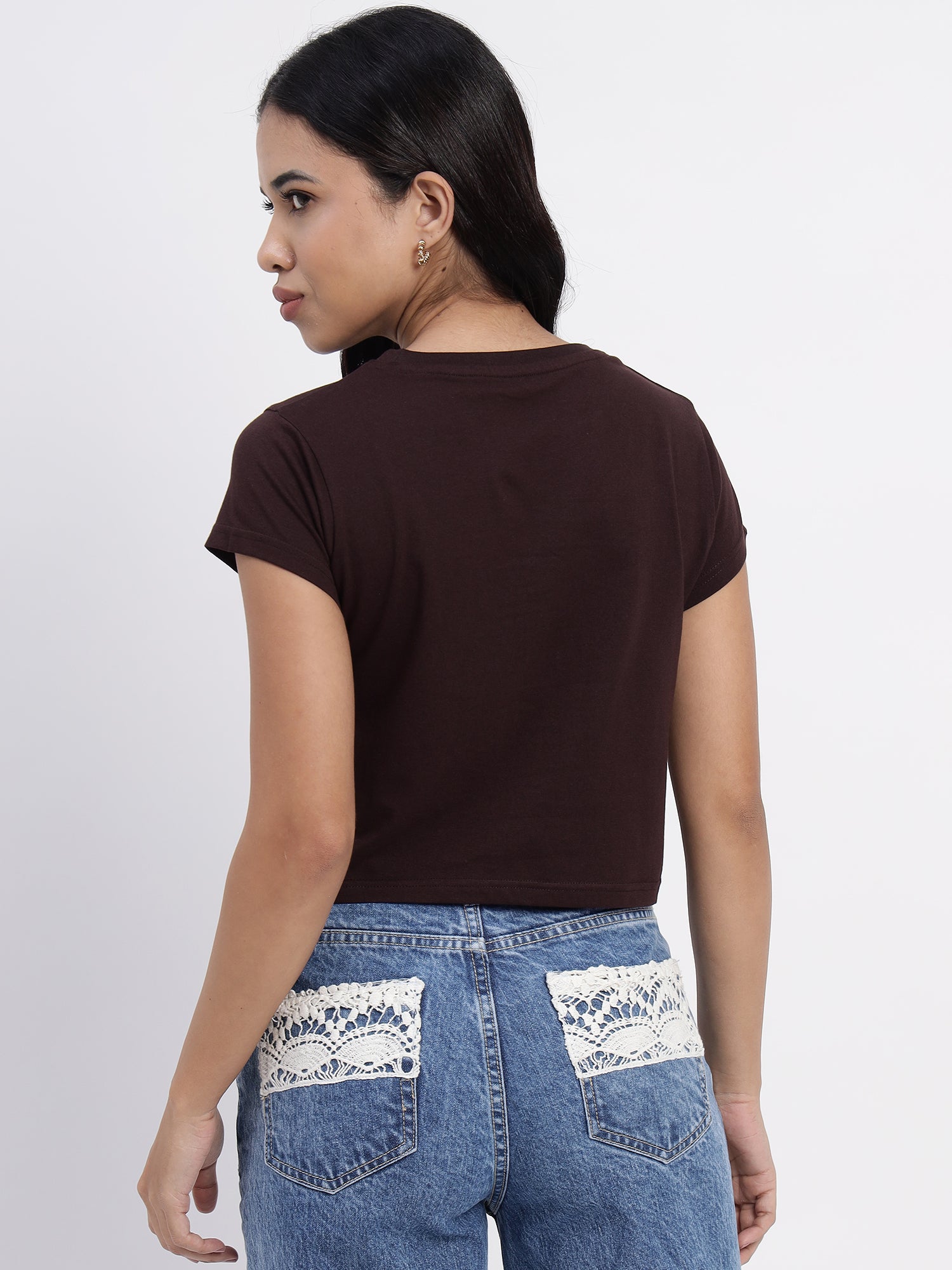 Coffee color Crop top with Japan rising sun print- 2845