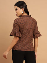 Taupe Schiffli shirt with intricate ruffles and a rich brown color - 2799