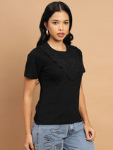 Black T-shirt with a lace neck accent for added charm - 2776