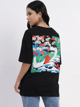 Oversized black cotton top featuring a vibrant tropical print -2849