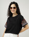 Women’s Black Crop Top with Sleeve Embroidery - 2993