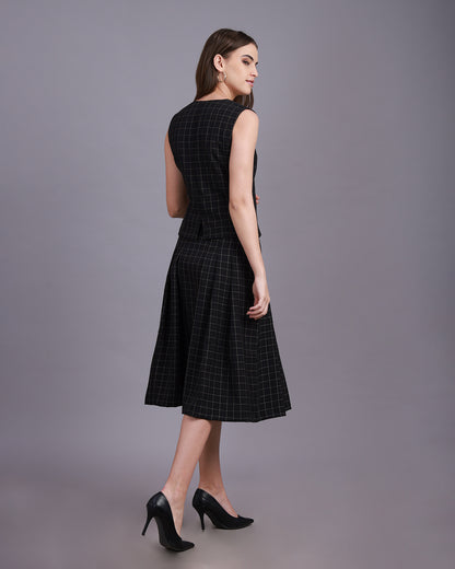 Black checkered Vest with Pleated A-line Skirt Co-ord set - 3073