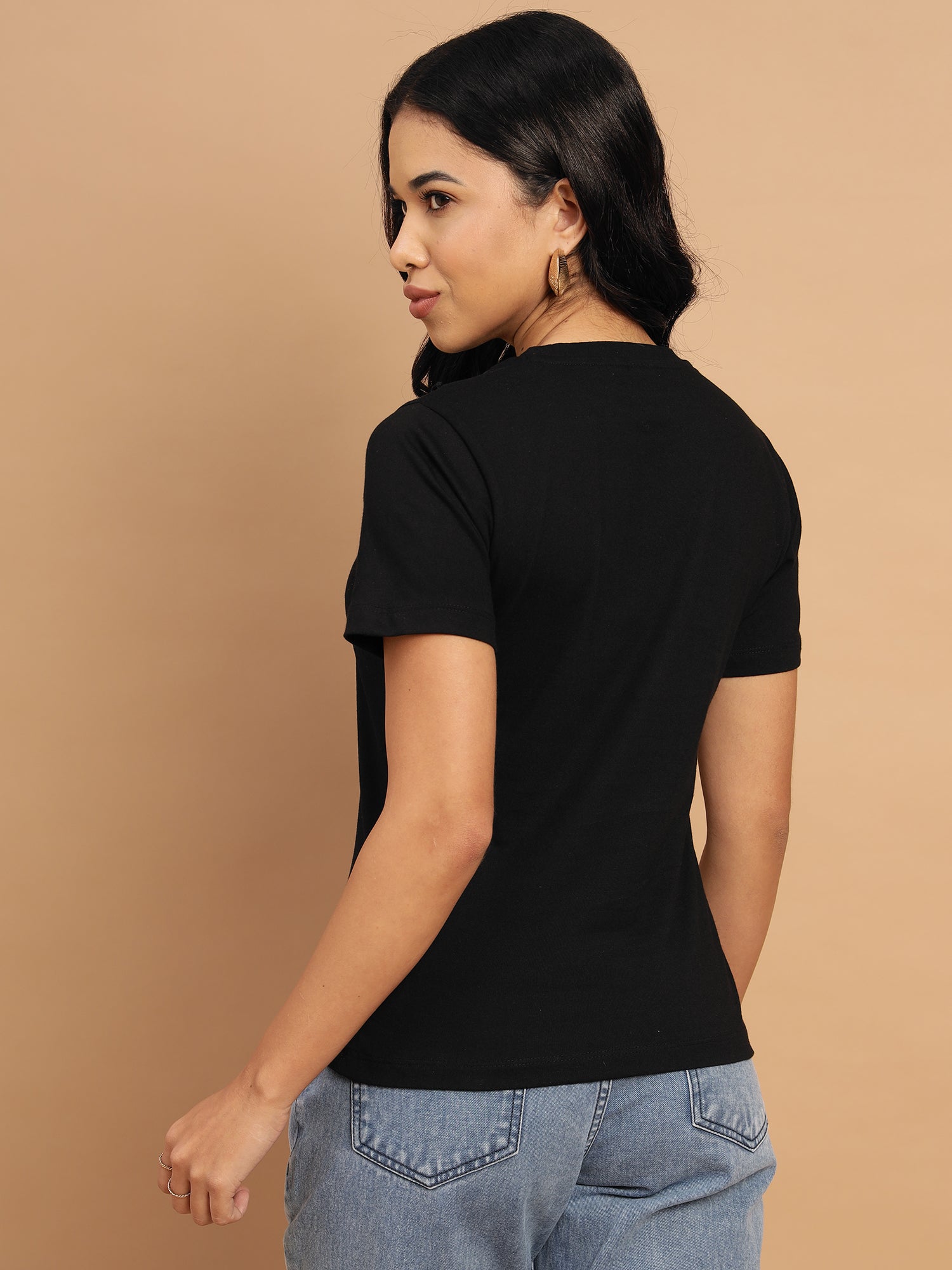 Black T-shirt with a lace neck accent for added charm - 2776