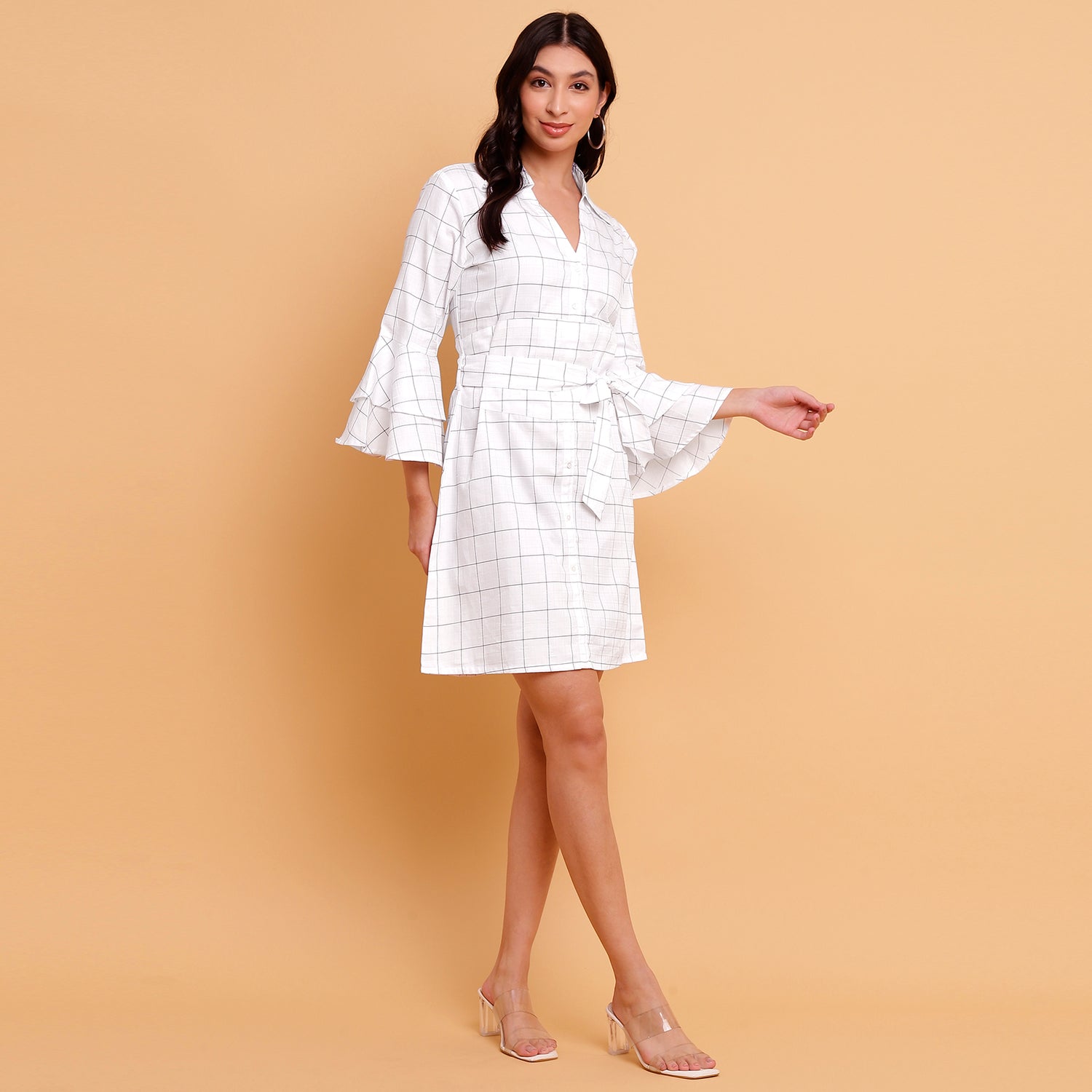 White check shirt dress with detachable belt  - 2888