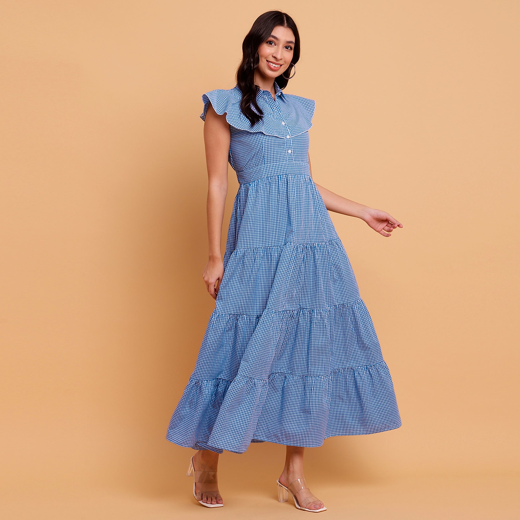 Blue Gingham Tiered Maxi Dress - 2890