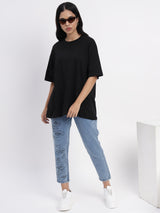 Oversized black cotton top featuring a vibrant tropical print -2849