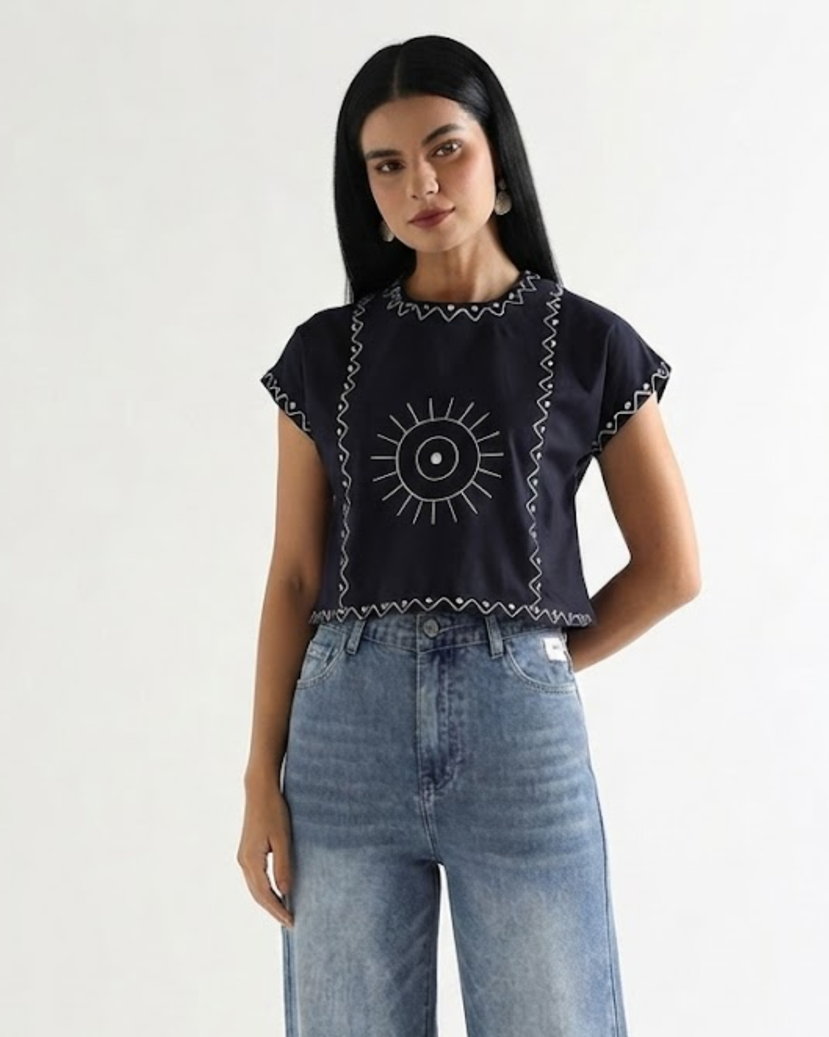 Sands Of India Women’s Blue Cotton Embroidered Top with Relaxed Fit Boxy Crop Top - 3112