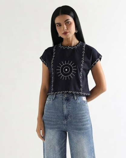 Sands Of India Women’s Blue Cotton Embroidered Top with Relaxed Fit Boxy Crop Top - 3112