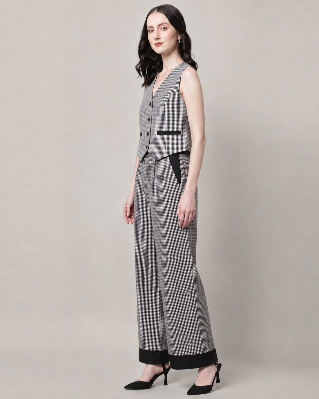Sands of India Women’s Black Gingham Reversible Vest and Wide-Leg Trousers Co-ord Set -3125