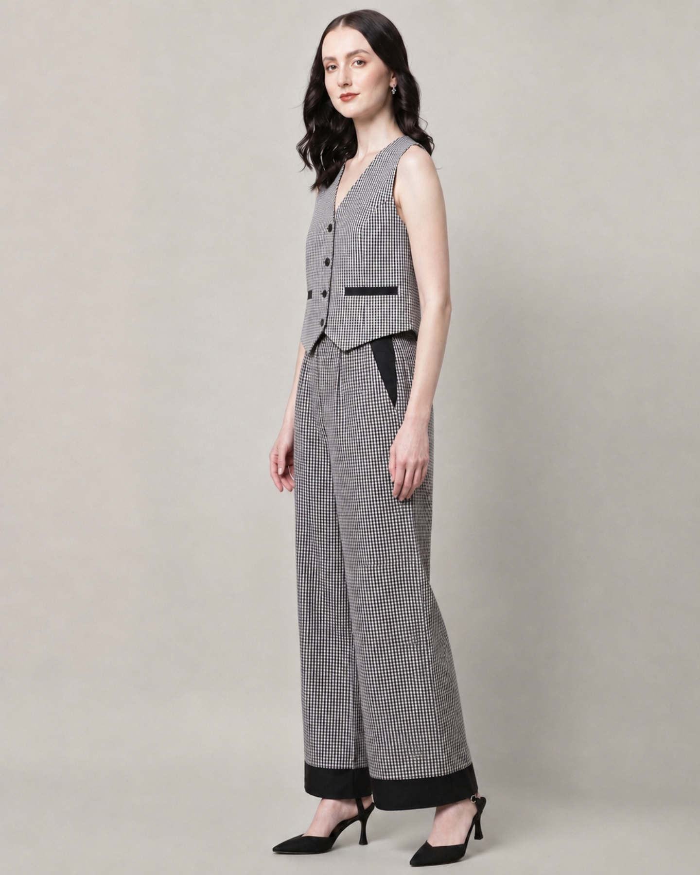 Sands of India Women’s Black Gingham Reversible Vest and Wide-Leg Trousers Co-ord Set -3125