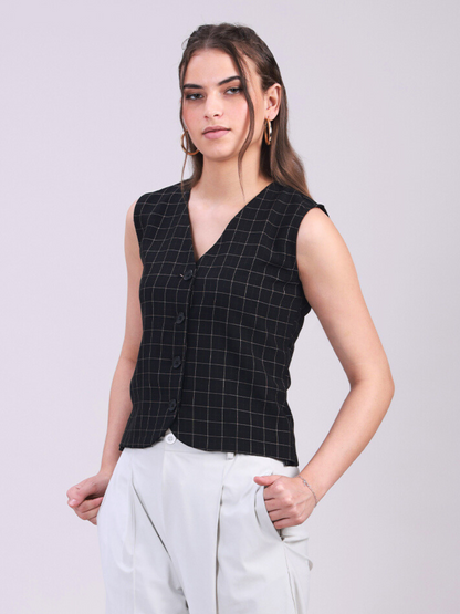 Women’s Black V-Neck Sleeveless Vest in Checked Fabric- 3071