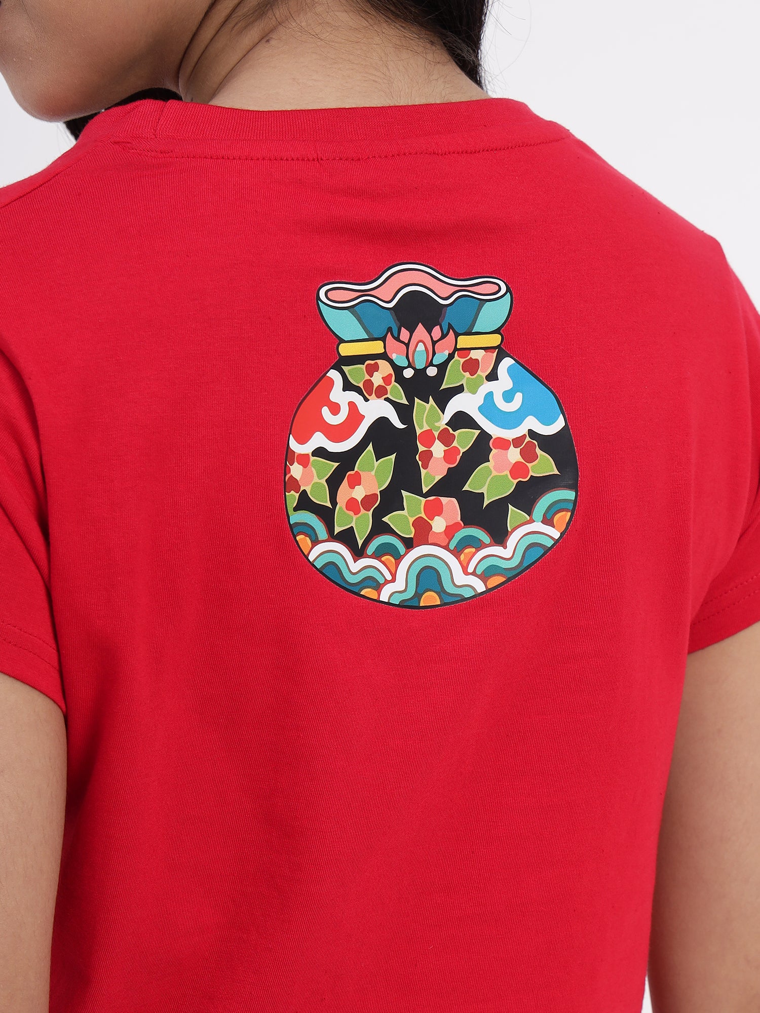 Bright red cotton crop top with a fun and lively Treasure Trove illustration -2842