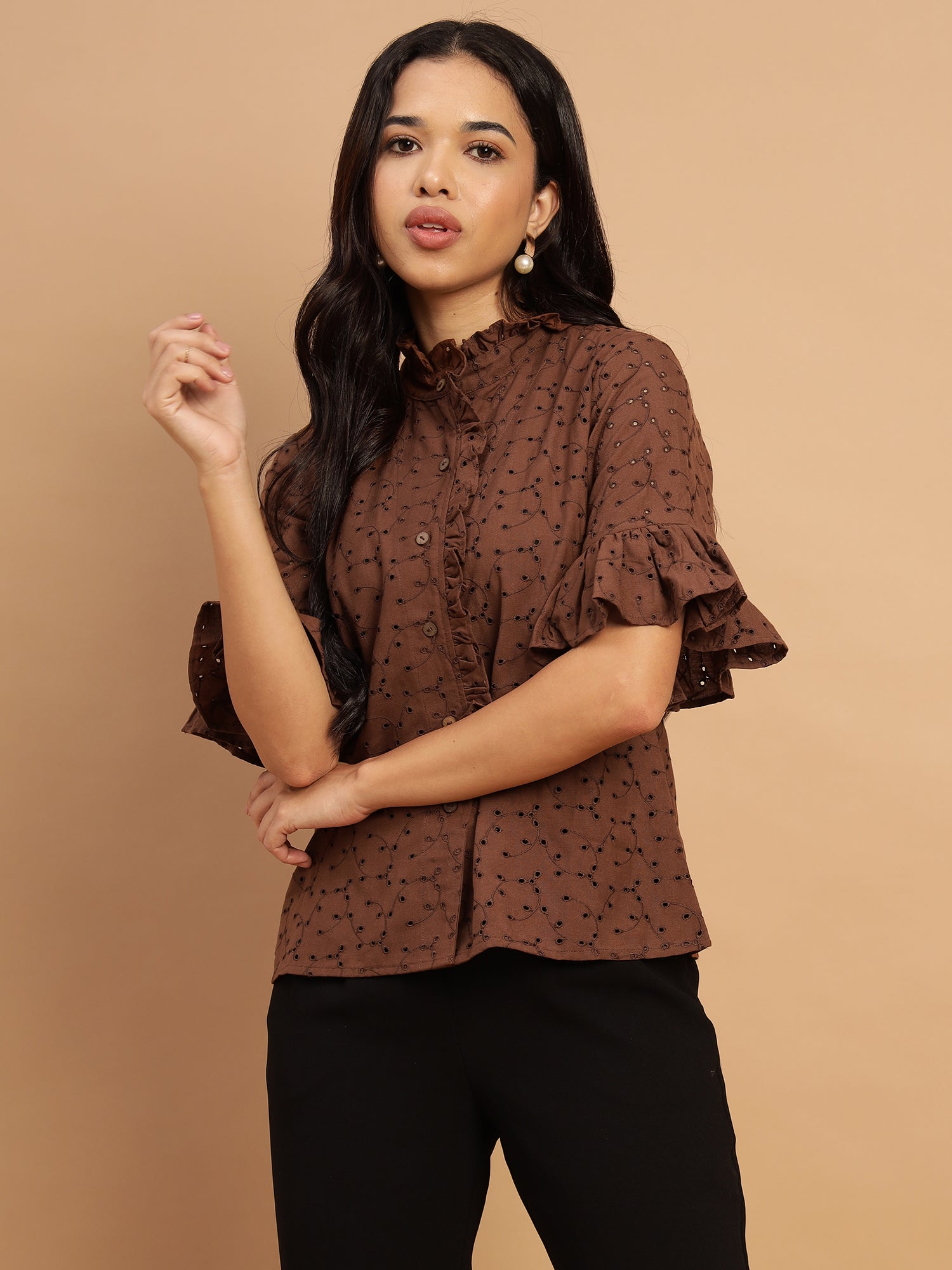 Taupe Schiffli shirt with intricate ruffles and a rich brown color - 2799