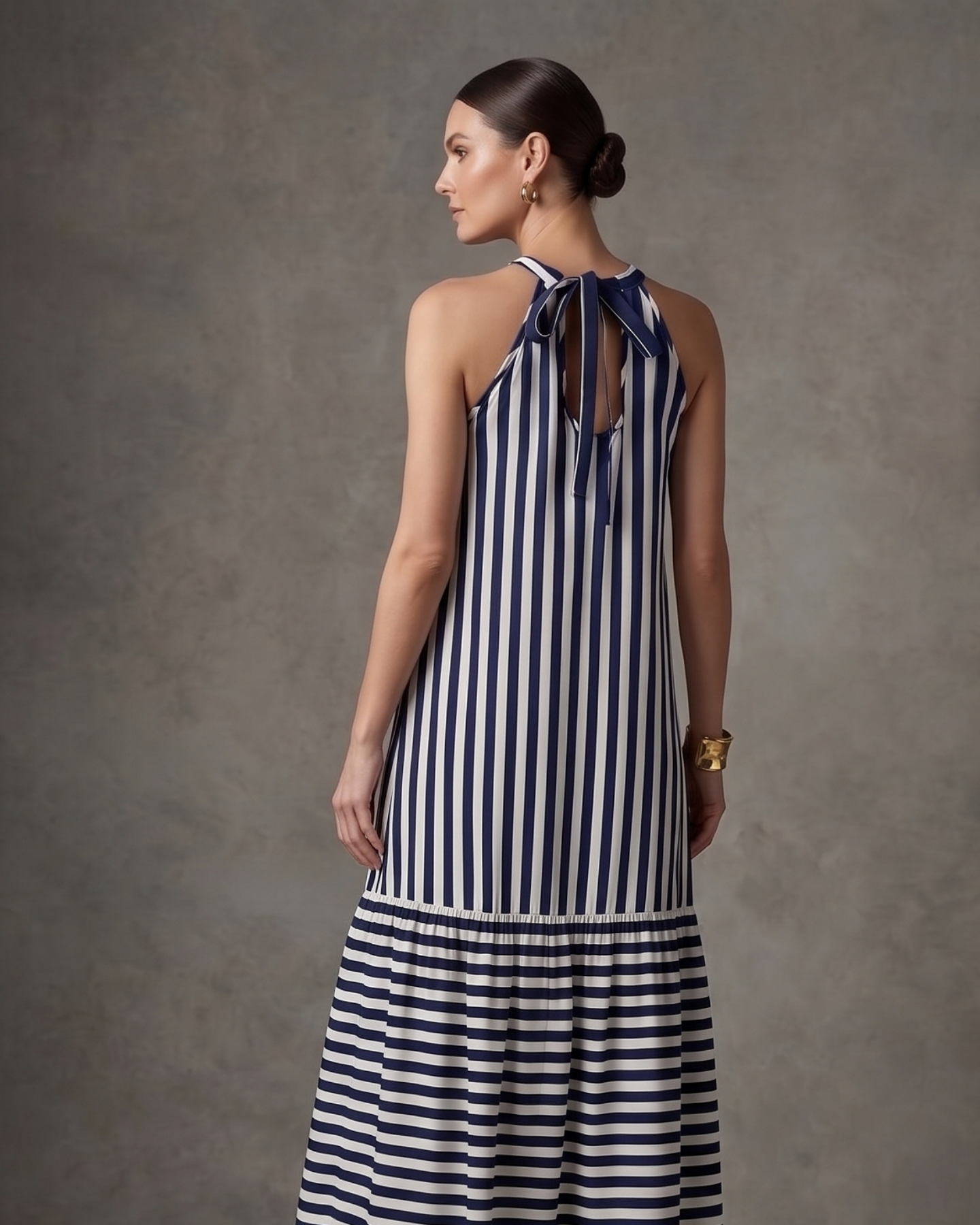 Women’s Blue &amp; Off-White Striped Halter Neck Flounce Hem Dress - 3127