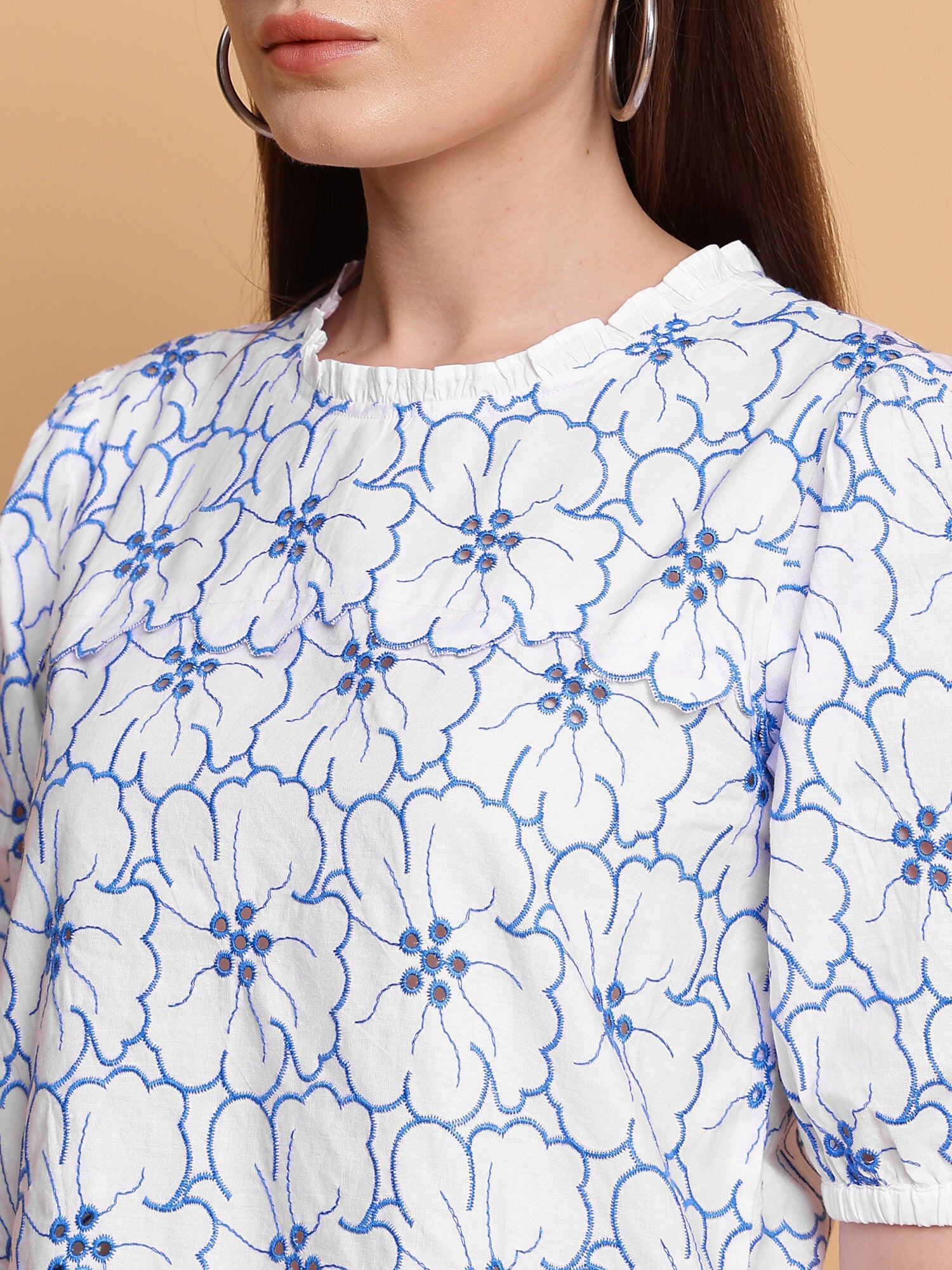 White and Blue Schiffli Embroidery Top- 1546