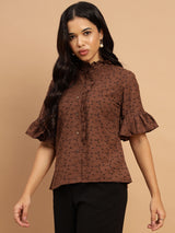 Taupe Schiffli shirt with intricate ruffles and a rich brown color - 2799