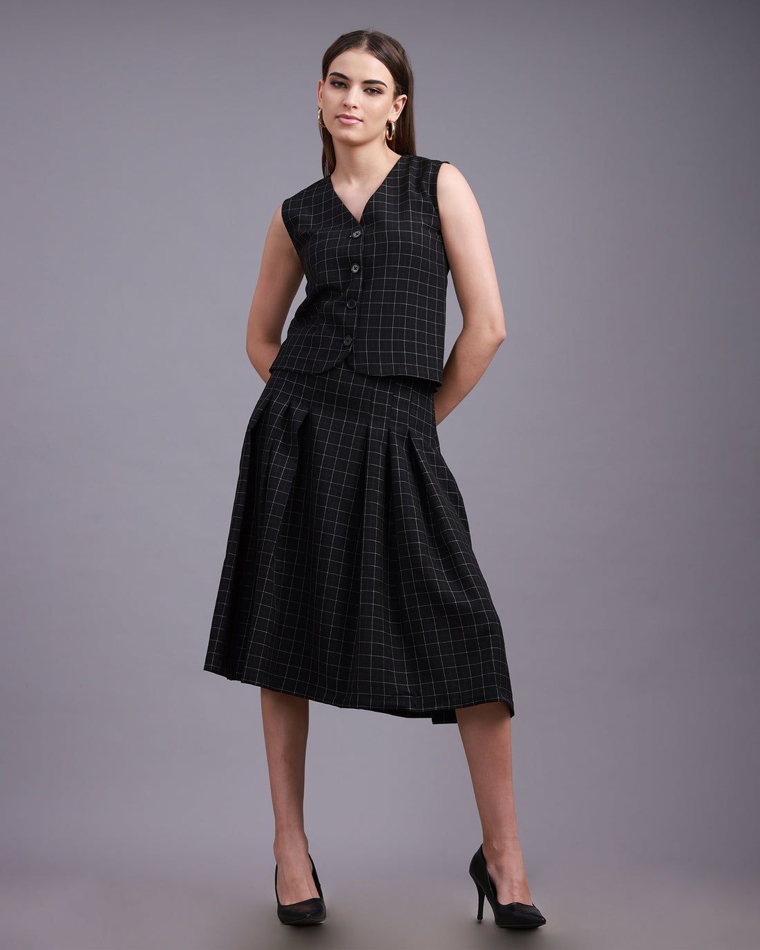 Black checkered Vest with Pleated A-line Skirt Co-ord set - 3073