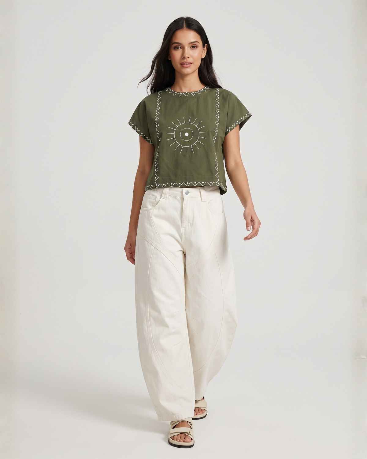 Sands of India Women’s Forest Green Cotton Embroidered Top with Relaxed Fit Boxy Crop Top - 3152
