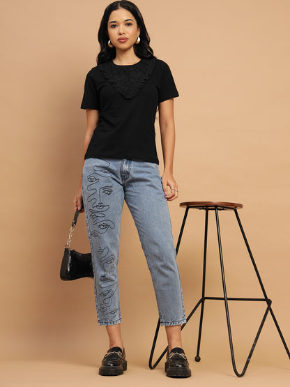 Black Regular T-shirt with lace neck accent- 2776