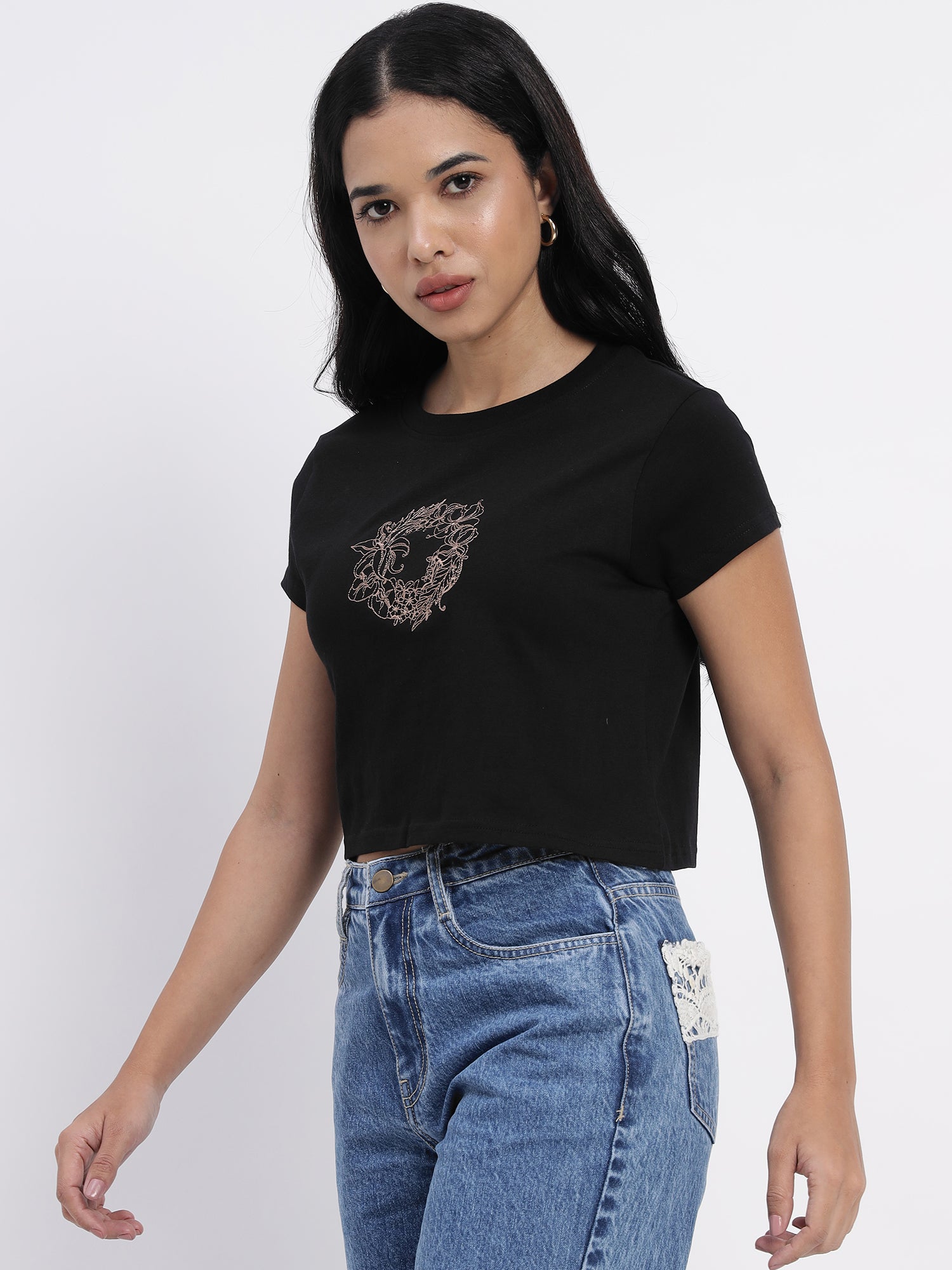 Black Cotton Crop Top with Intricate Embroidery Accents - 2839