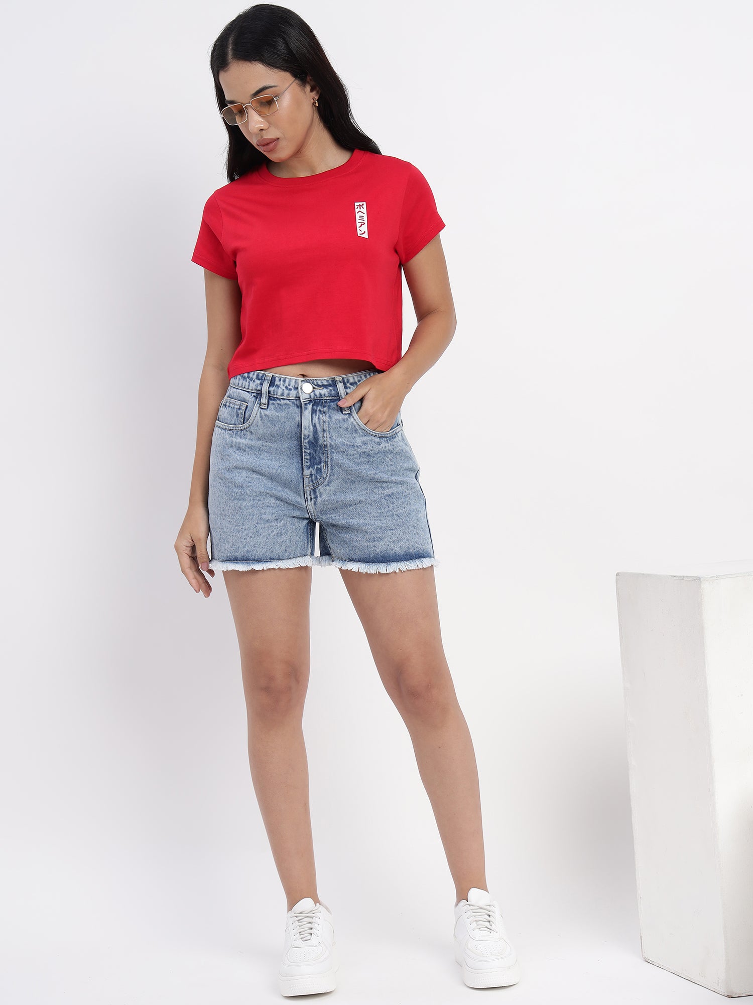 Red crop top with Treasure Trove print -2842