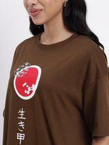 Oversized toffee-colored top featuring a meaningful Ikigai print - 2853