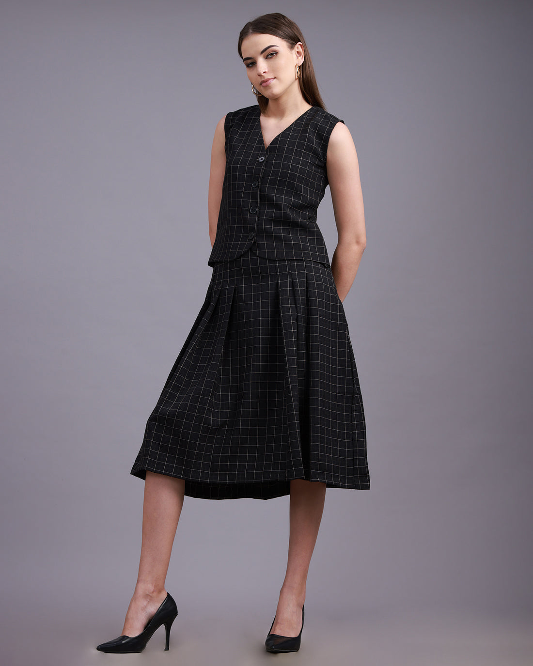 Black checkered Vest with Pleated A-line Skirt Co-ord set - 3073
