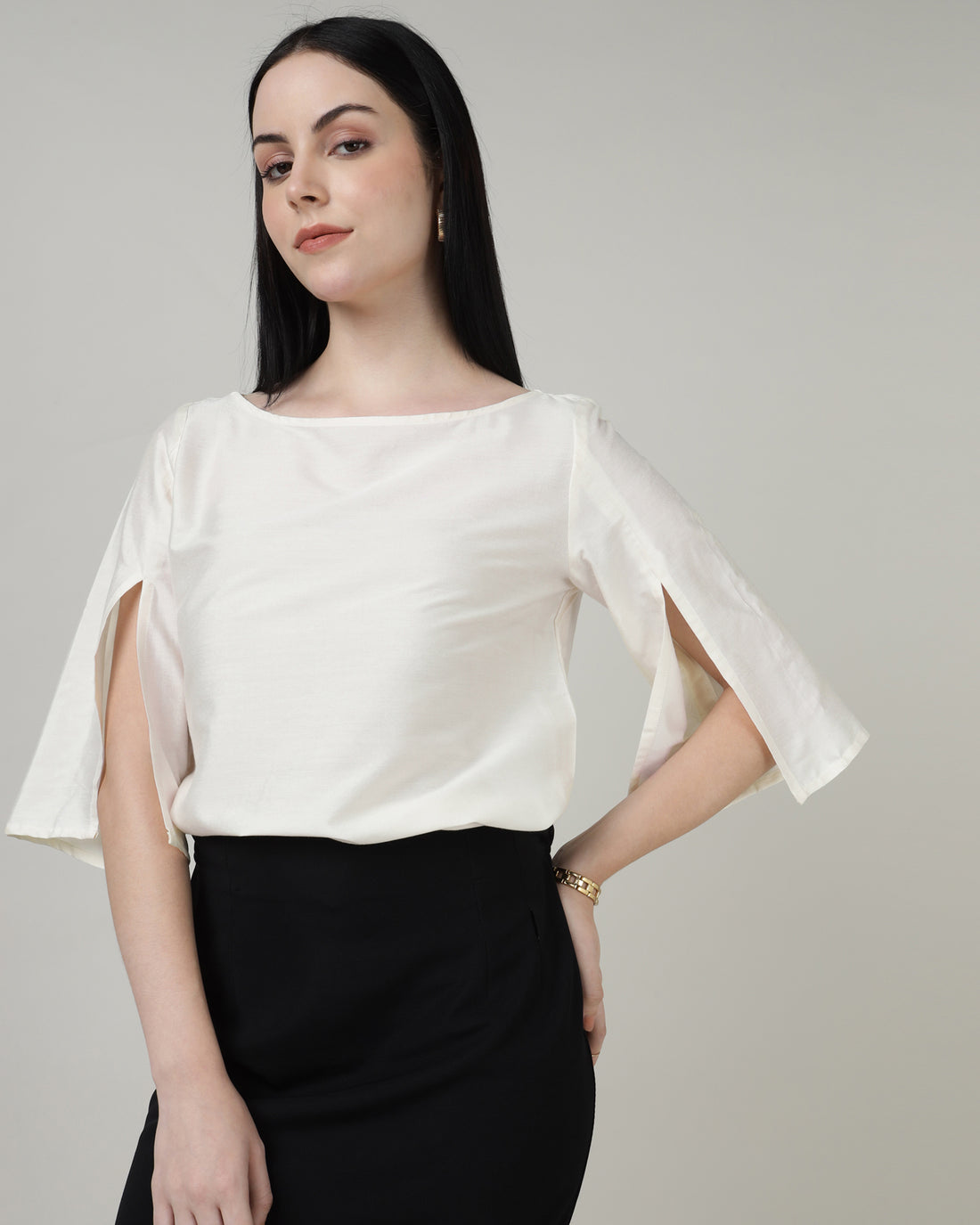 Women’s Off-White Split Long Sleeve Boat Neck Top - 2966