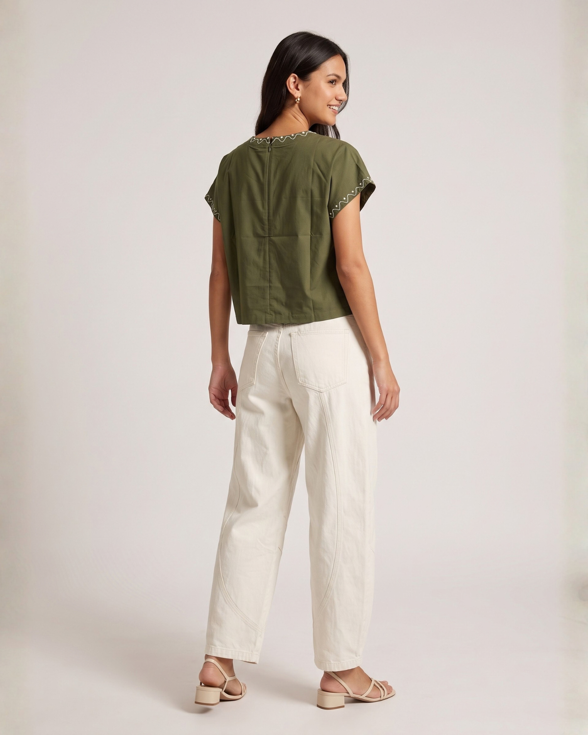 Sands of India Women’s Forest Green Cotton Embroidered Top with Relaxed Fit Boxy Crop Top - 3152