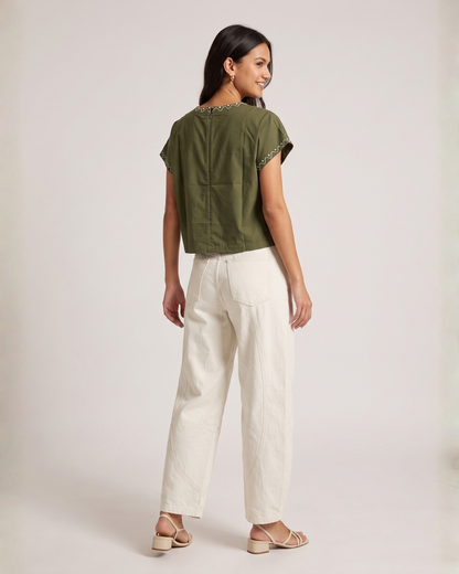 Sands of India Women’s Forest Green Cotton Embroidered Top with Relaxed Fit Boxy Crop Top - 3152