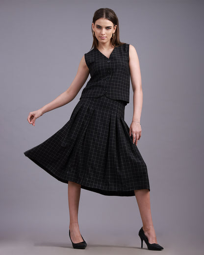 Black checkered Vest with Pleated A-line Skirt Co-ord set - 3073