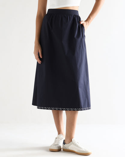 Women’s Blue Cotton Embroidered Midi Skirt with Elasticated Waist A-Line Casual Skirt -3113