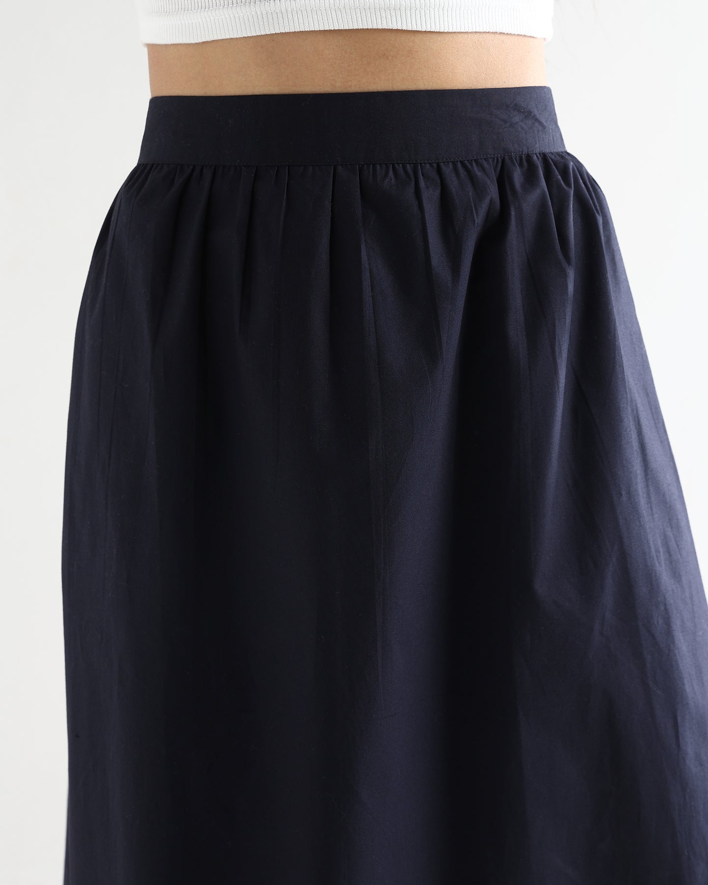 Women’s Blue Cotton Embroidered Midi Skirt with Elasticated Waist A-Line Casual Skirt -3113