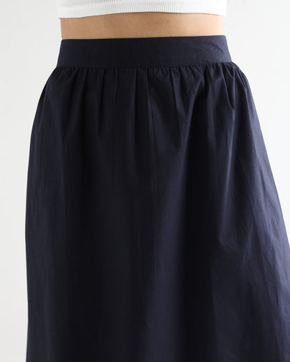 Women’s Blue Cotton Embroidered Midi Skirt with Elasticated Waist A-Line Casual Skirt -3113