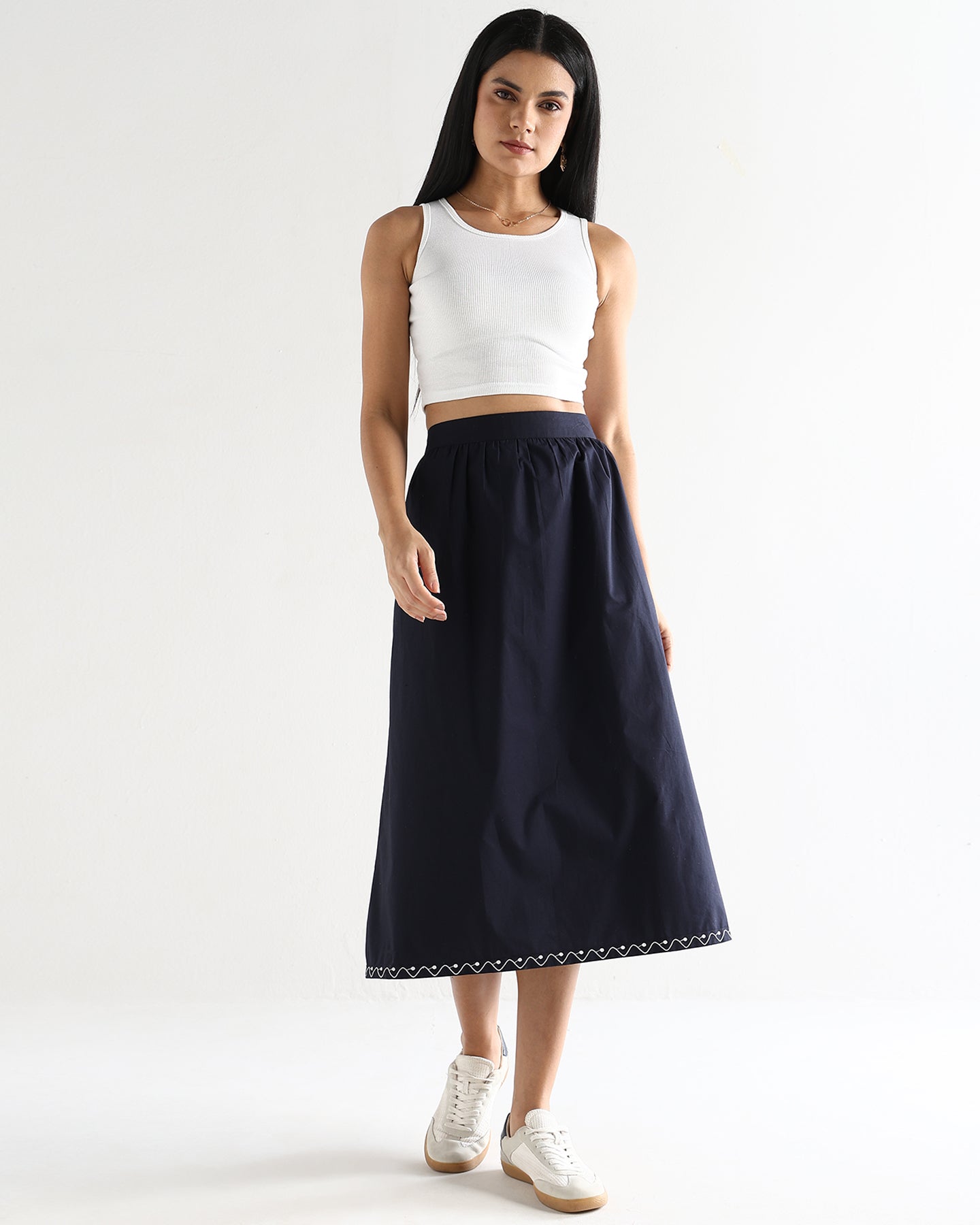 Women’s Blue Cotton Embroidered Midi Skirt with Elasticated Waist A-Line Casual Skirt -3113