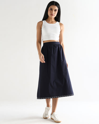 Women’s Blue Cotton Embroidered Midi Skirt with Elasticated Waist A-Line Casual Skirt -3113