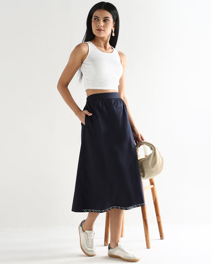 Women’s Blue Cotton Embroidered Midi Skirt with Elasticated Waist A-Line Casual Skirt -3113