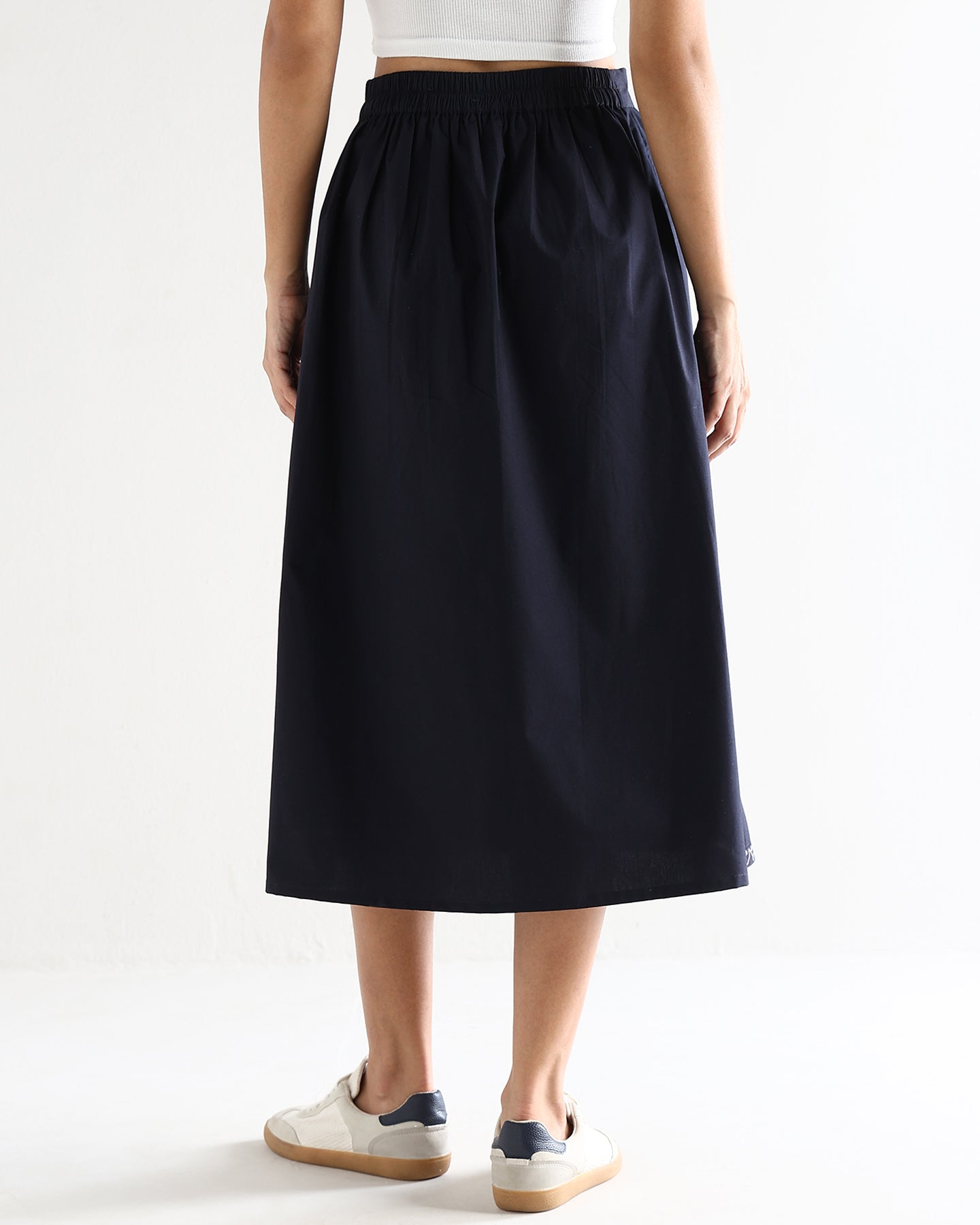 Women’s Blue Cotton Embroidered Midi Skirt with Elasticated Waist A-Line Casual Skirt -3113