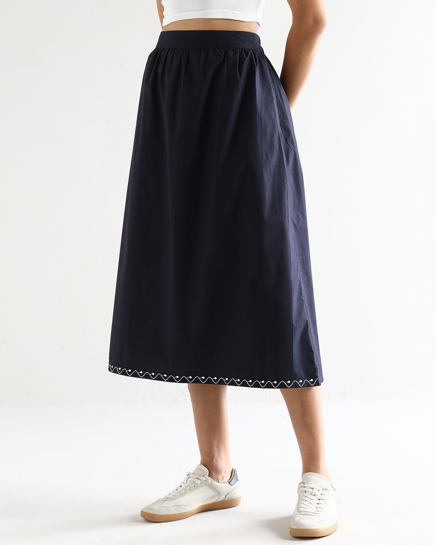 Women’s Blue Cotton Embroidered Midi Skirt with Elasticated Waist A-Line Casual Skirt -3113
