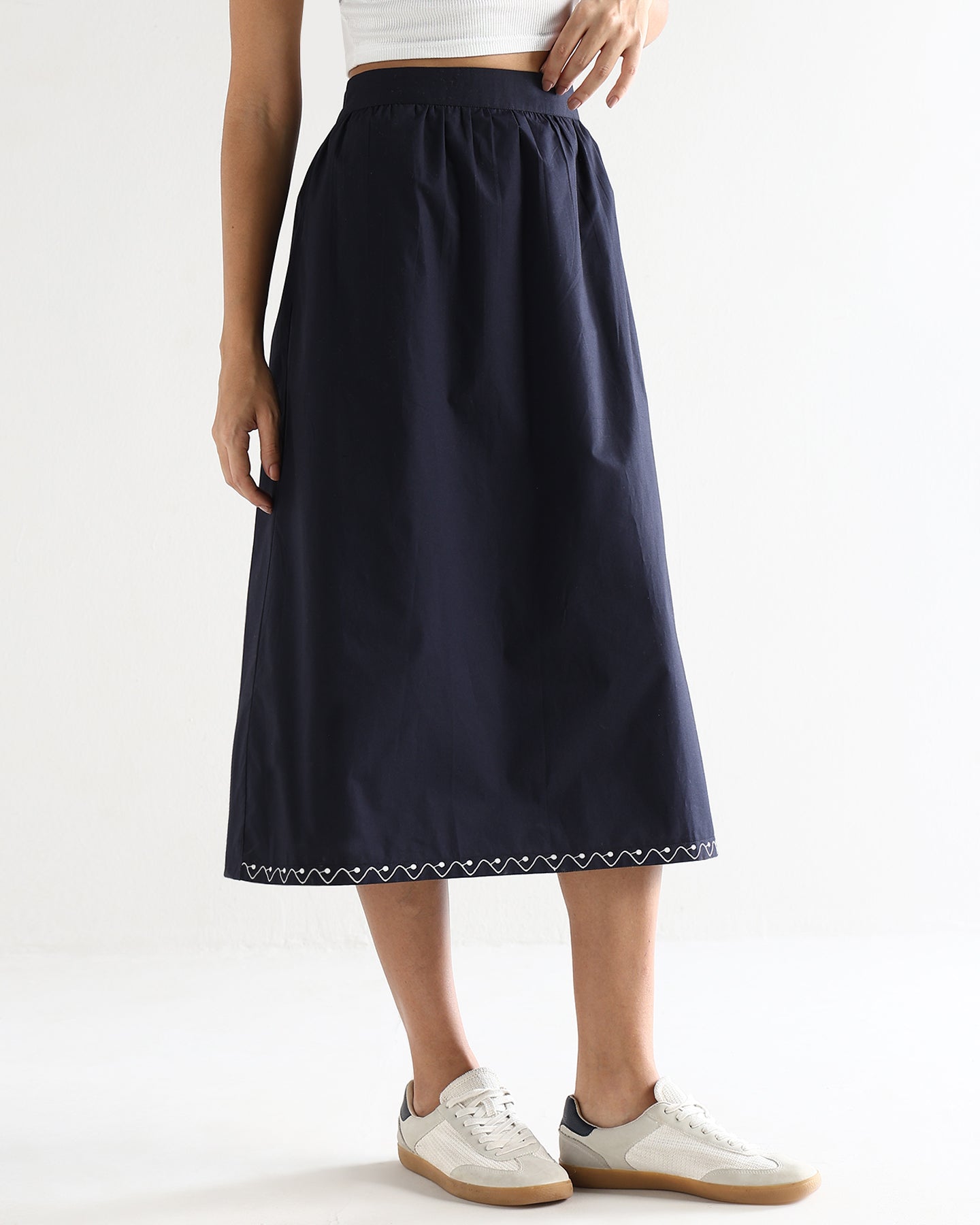 Women’s Blue Cotton Embroidered Midi Skirt with Elasticated Waist A-Line Casual Skirt -3113