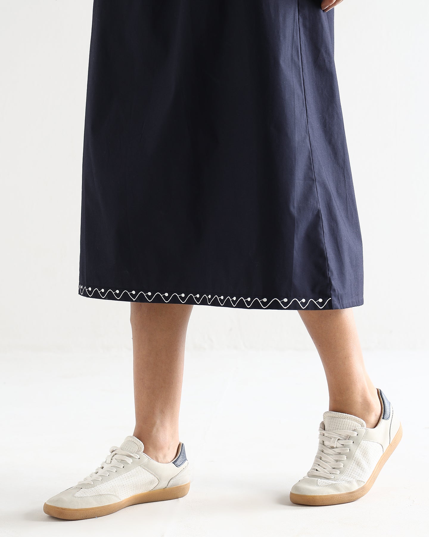 Women’s Blue Cotton Embroidered Midi Skirt with Elasticated Waist A-Line Casual Skirt -3113