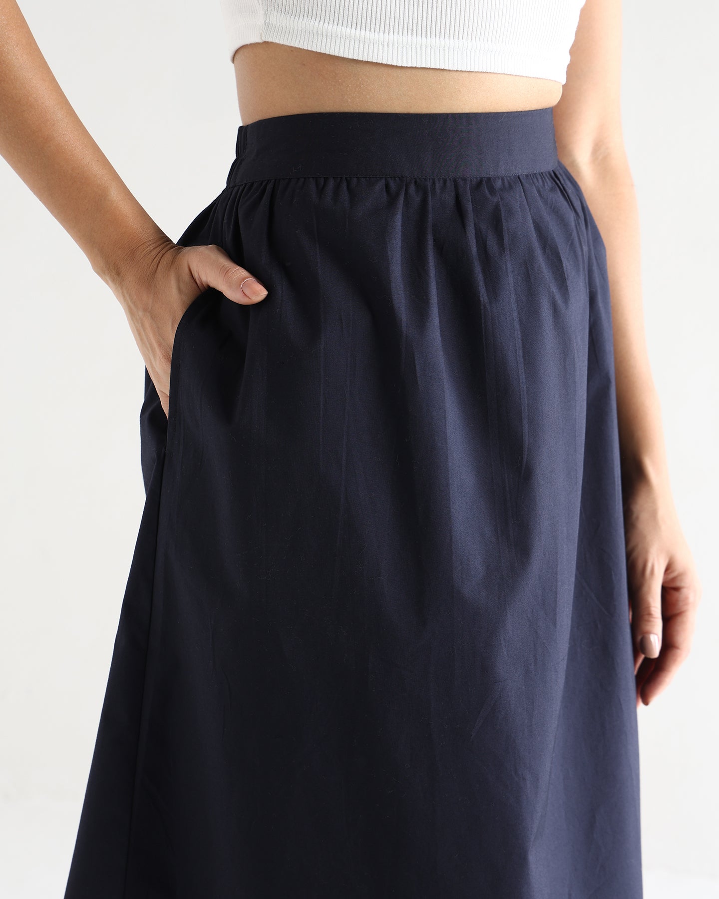 Women’s Blue Cotton Embroidered Midi Skirt with Elasticated Waist A-Line Casual Skirt -3113