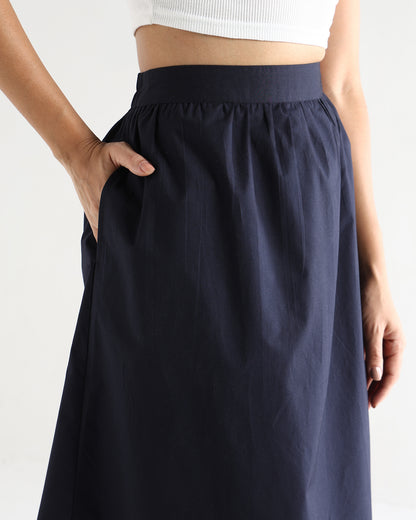 Women’s Blue Cotton Embroidered Midi Skirt with Elasticated Waist A-Line Casual Skirt -3113