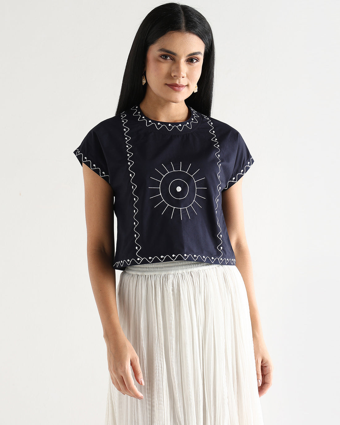 Women’s Blue Cotton Embroidered Top with Relaxed Fit Short Sleeve Boxy Top - 3112