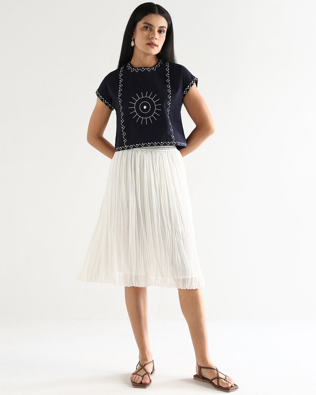 Women’s Blue Cotton Embroidered Top with Relaxed Fit Short Sleeve Boxy Top - 3112